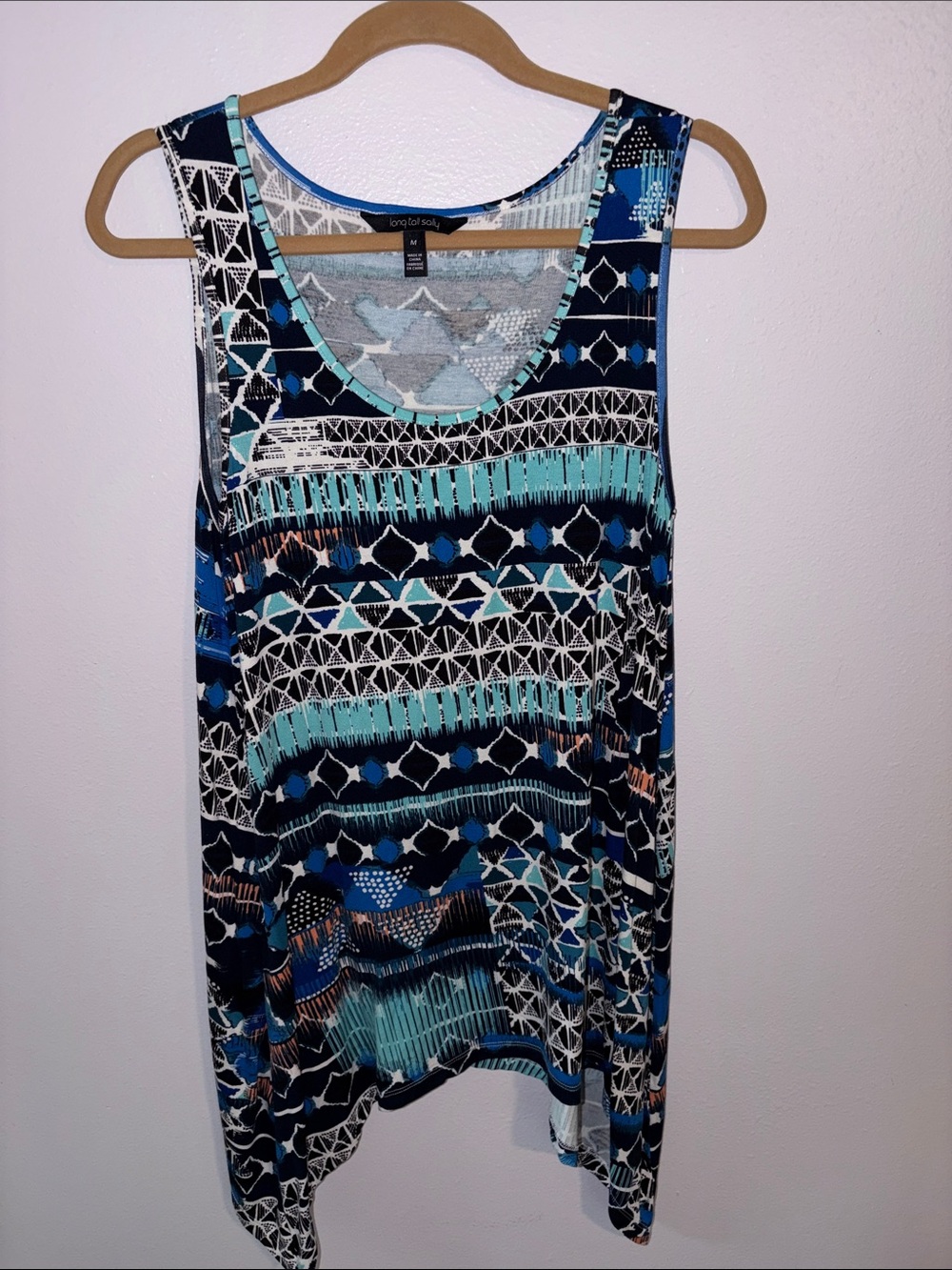 Long Tall Sally Blue, Turquoise, and Black Printed Sleeveless Tank Tunic, sz MT